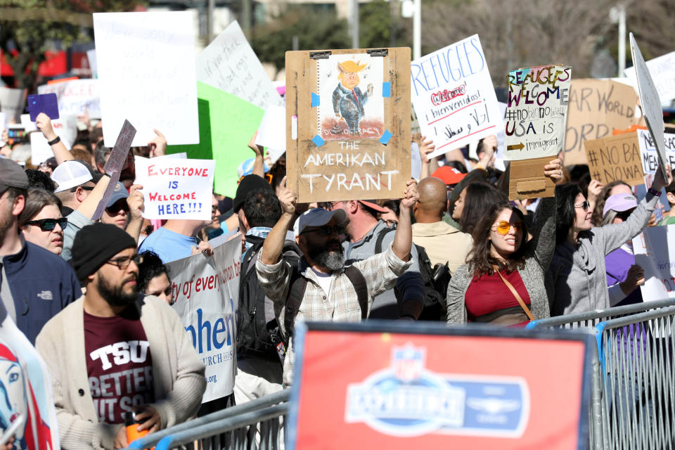 Protesters at Discovery Green Park during Super Bowl events in Houston, Texas, U.S., January 29, 2017.