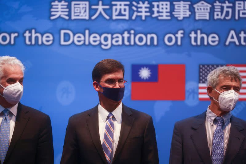 FILE PHOTO: Former U.S. Defense Secretary Mark Esper attends a press conference in Taipei