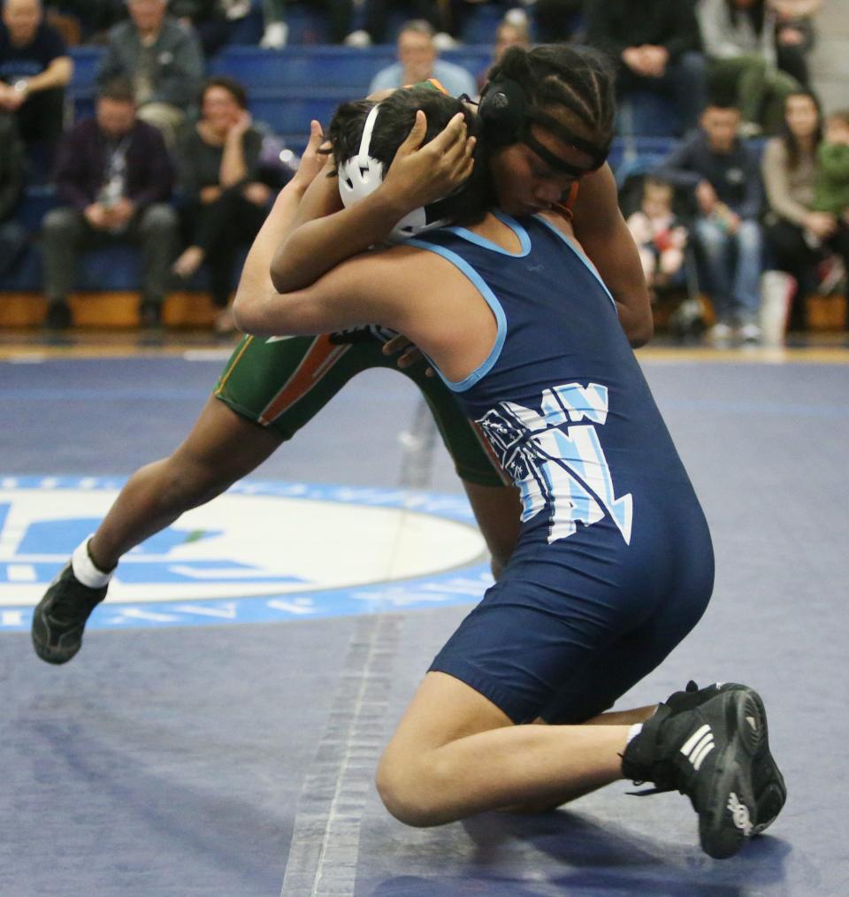 John Jay's Evan Prine wrestles Ramapo's Gershita Jeanty in the 113 pound match on January 30, 2020. 