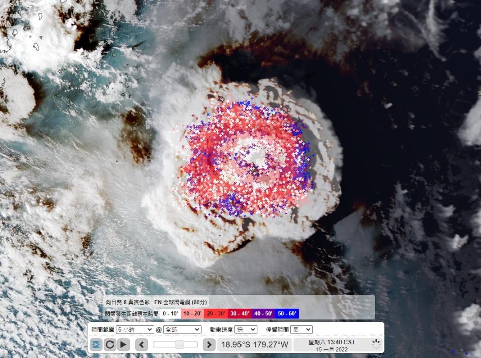 東加王國（Tonga）外海的海底火山，在14、15號連續兩日大規模噴發。（圖／翻攝自天氣風險WeatherRisk臉書）