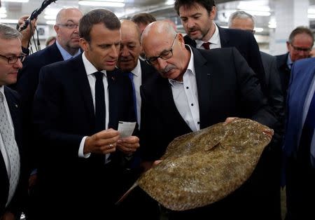 French President Emmanuel Macron visits the fish market at the port in Le Guilvinec, France, June 21, 2018. REUTERS/Stephane Mahe/Pool