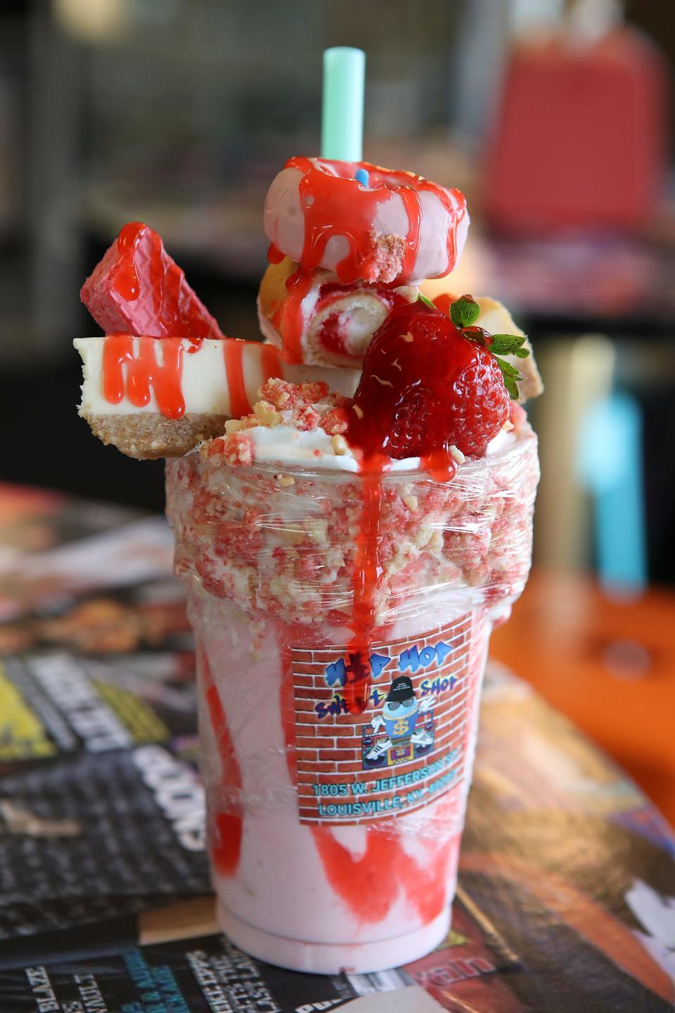 One of the specialties at the Hip Hop Sweet Shop, a strawberry cheesecake milkshake.