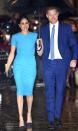 <p>A blue, bodycon dress by Victoria Beckham was the outfit du jour for the awards ceremony. Meghan paired the ensemble with a chic, low ponytail and her signature centre parting.</p>