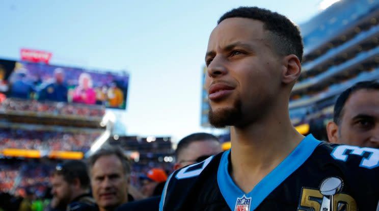 Stephen Curry wears some Carolina blue. (Getty Images)