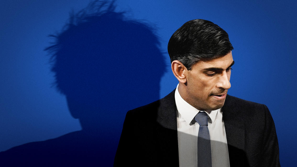  Photo composite of Rishi Sunak and the looming shadow of Boris Johnson. 