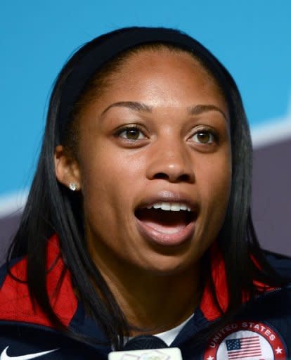 US athlete Allyson Felix, pictured during a press conference at the Media Centre of the Olympic Park in London, on July 31. Veteran yet versatile track stars Veronica Campbell-Brown of Jamaica and Felix open up their Olympic campaigns in the hotly-anticipated women's 100m on Friday