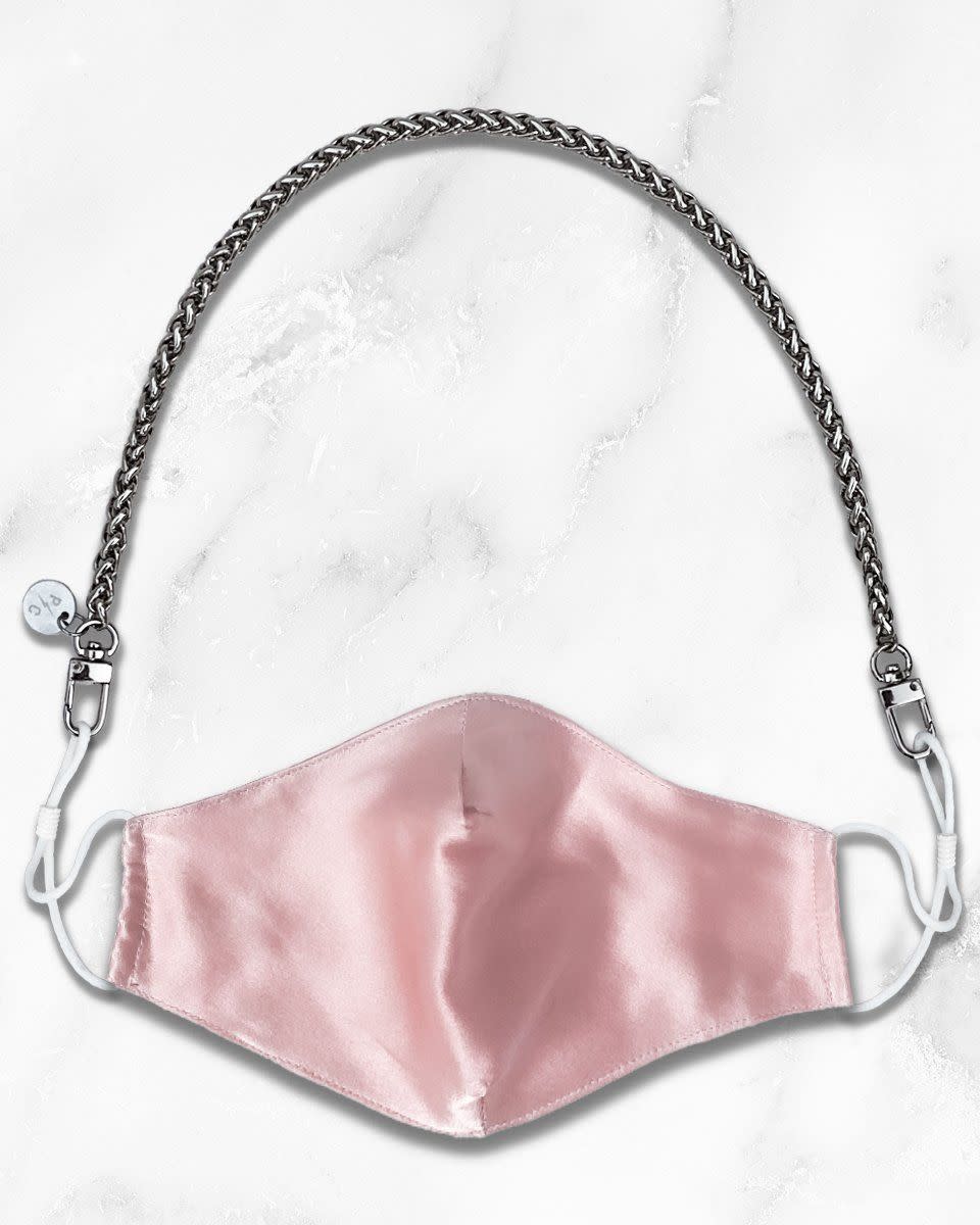 16) Nikki Mini Silver Chain & Blush Mulberry Silk Mask