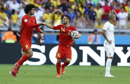 Belgium's Marouane Fellaini (L) celebrates with Dries Mertens after scoring a goal during the 2014 World Cup Group H soccer match between Belgium and Algeria at the Mineirao stadium in Belo Horizonte June 17, 2014. REUTERS/Dominic Ebenbichler