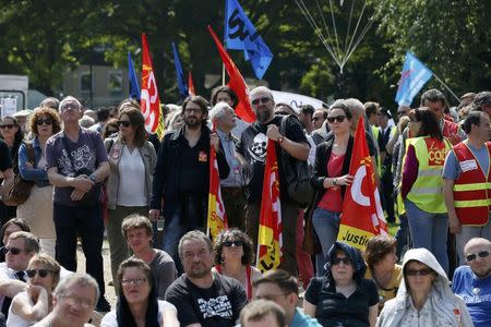 French CGT labour union members gather at the start of the trial of Air France employees near the courthouse in Bobigny, France, May 27, 2016. REUTERS/Gonzalo Fuentes