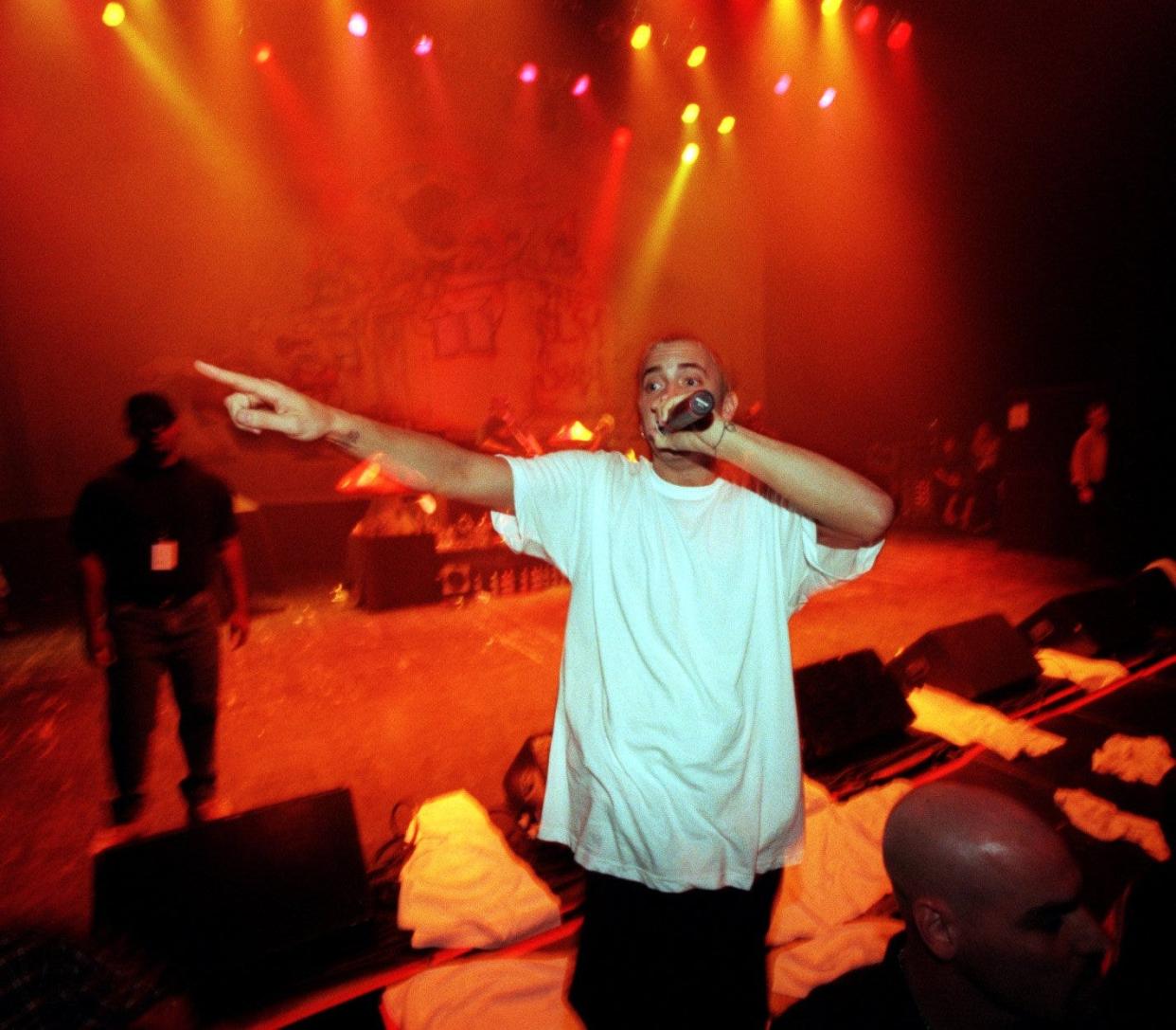 Detroit rapper Eminem performs in front of a packed State Theatre in Detroit on May 23, 1999.