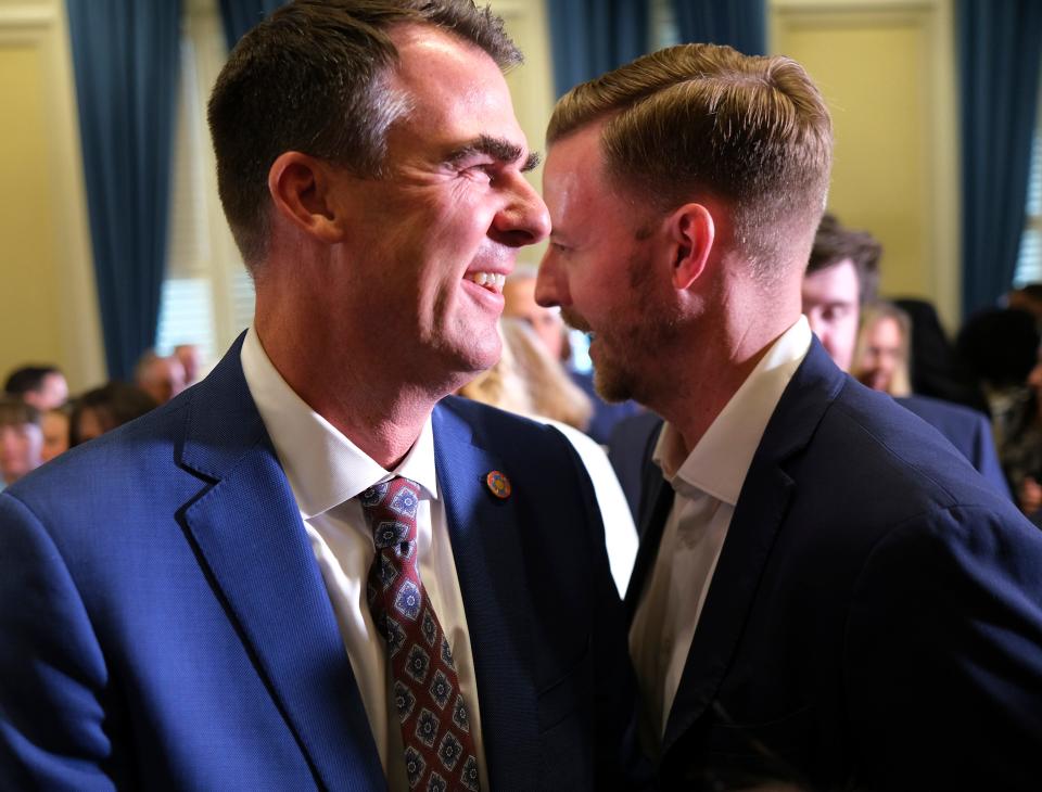 Both Gov. Kevin Stitt, left, and state schools Superintendent Ryan Walters supported the tax credit for private school families.