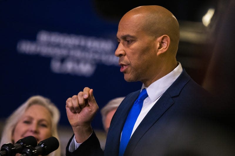 NEW YORK, NEW YORK - JANUARY 31: Sen. Cory Booker (D-NJ) gives a speech on the Hudson River tunnel project at the West Side Yard on January 31, 2023 in New York City.