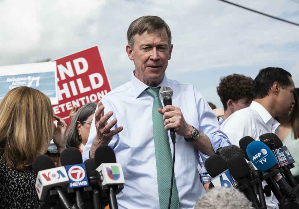 Democratic presidential candidate and Colorado Gov. John Hickenlooper speaks outside the Homestead Detention Center, Friday, June 28, 2019, where the U.S. is detaining migrant teens in Homestead, Fla. (Jennifer King/Miami Herald via AP)