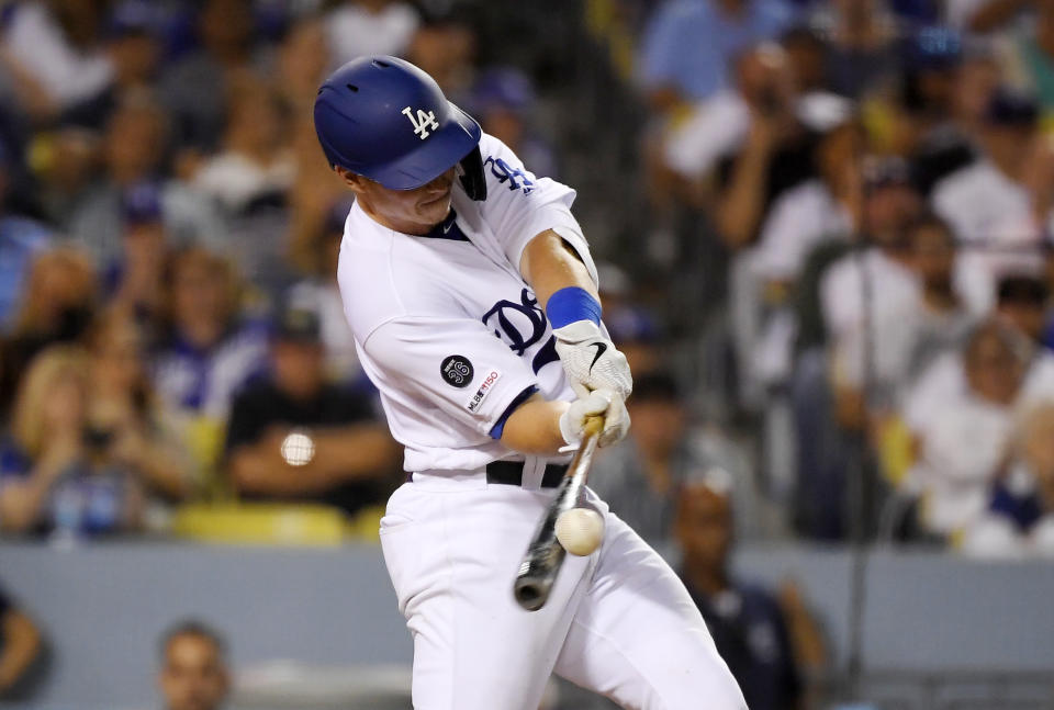 Los Angeles Dodgers' Will Smith hits a grand slam during the sixth inning of the team's baseball game against the San Diego Padres on Thursday, Aug. 1, 2019, in Los Angeles. (AP Photo/Mark J. Terrill)