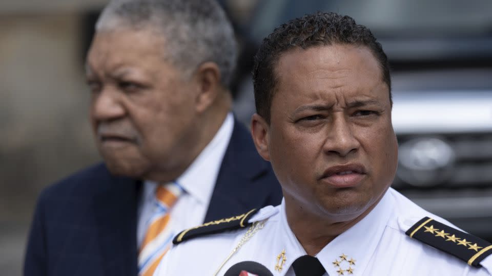 Fulton County Sheriff Patrick Labat, center, speaks to the media June 1, 2021, in Atlanta. - Ben Gray/AP