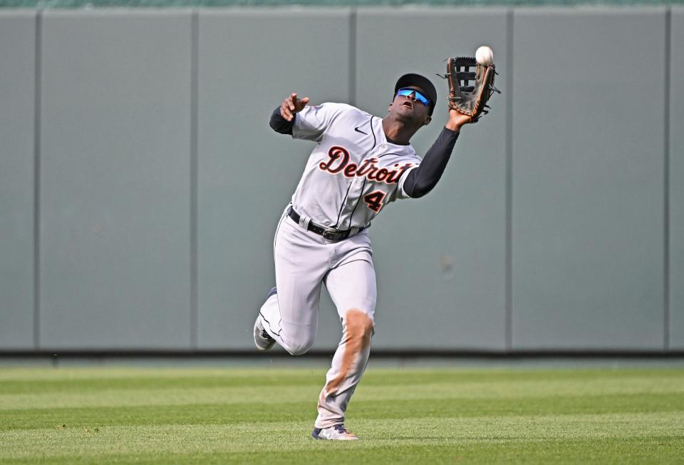 Tigers center fielder Daz Cameron runs in to catch a fly ball during the fifth inning of the Tigers' 3-1 loss to the Royals on Saturday, April, 16, 2022, in Kansas City, Missouri.