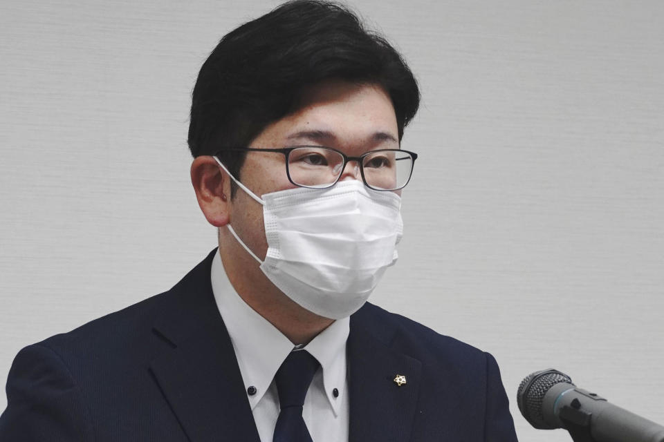 Susono Mayor Harukaze Murata speaks during a press conference at the city hall in Susono, Shizuoka Prefecture, central Japan, Monday, Dec. 5, 2022. Japanese police said Monday that they have arrested three teachers at a nursery school in central Japan on suspicion they routinely abused toddlers, such as hitting their heads, holding them upside down and locking them up in a bathroom, a case that triggered outrage across the nation. (Kyodo News via AP)