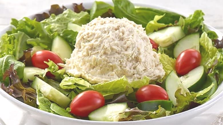 Chicken salad on lettuce greens