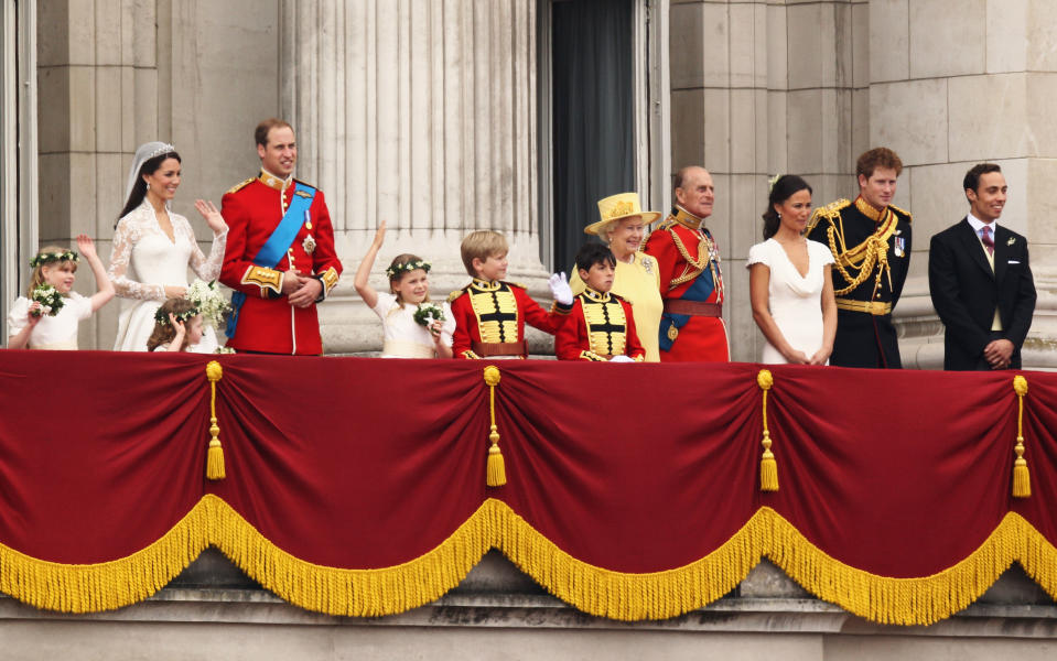 Kate, Prince William, Queen Elizabeth II, Prince Phillip and Prince Harry on the balcony at Buckingham Palace.