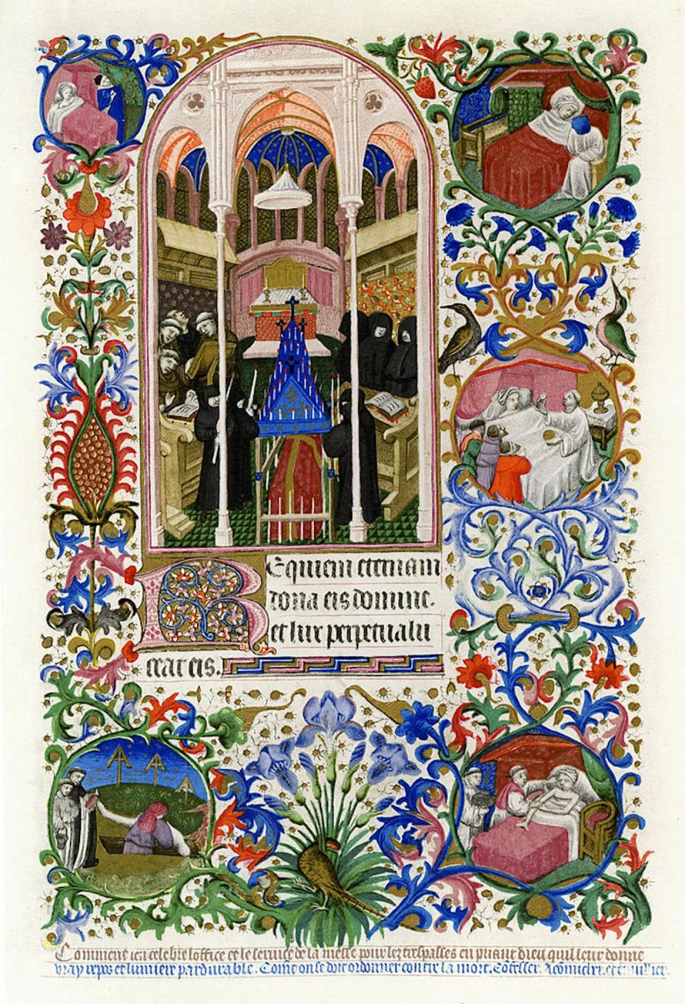 A 15th-century manuscript depicts deathbed scenes: doctor’s visit; confession; Communion; extreme unction; and burial. From the Bedford Hours of John, Duke of Bedford. <a href="https://www.gettyimages.com/detail/news-photo/hours-of-the-dead-1414-1423-vignettes-representing-deathbed-news-photo/463979445?adppopup=true" rel="nofollow noopener" target="_blank" data-ylk="slk:British Museum/Print Collector/Hulton Archive via Getty Images;elm:context_link;itc:0;sec:content-canvas" class="link ">British Museum/Print Collector/Hulton Archive via Getty Images</a>