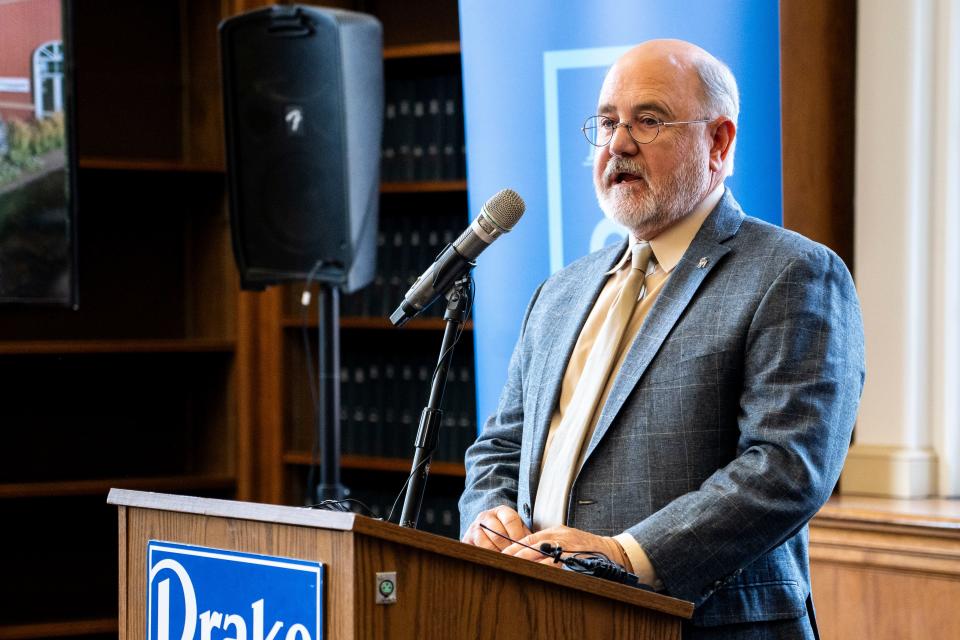 Drake University Board of Trustees member Greg Johansen speaks during a donation announcement at Cowles Library on Tuesday, May 14, 2024, in Des Moines.
