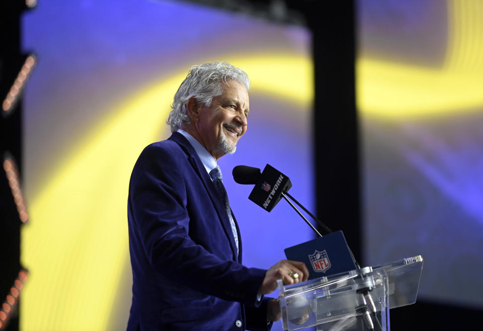 Ed Marinaro's draft pick announcement lasted so long on Friday afternoon that a producer had to run out on stage and get him back on track. (David Becker/Getty Images)