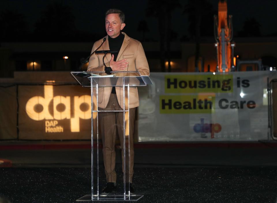 DAP Health CEO David Brinkman speaks during a tribute to Annette Bloch at DAP Health in Palm Springs, Calif., February 24, 2022.