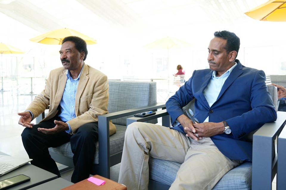 Mohamed Salim, left, of Hilliard and Tarig Mukhtar, of Dublin, talk about the ongoing war in Khartoum, Sudan due to fighting between the military and the paramilitary Rapid Support Forces. Both men were born in Sudan and still have families there who were forced to flee the capital city due to the fighting.