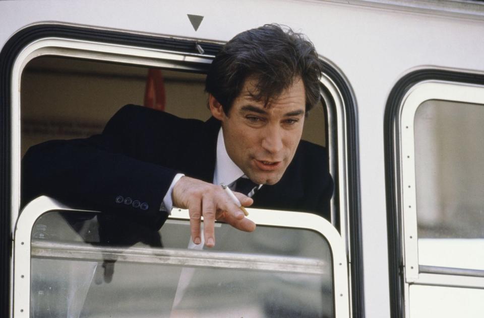 <p>Timothy Dalton on the set of <em>The Living Daylights.</em></p>