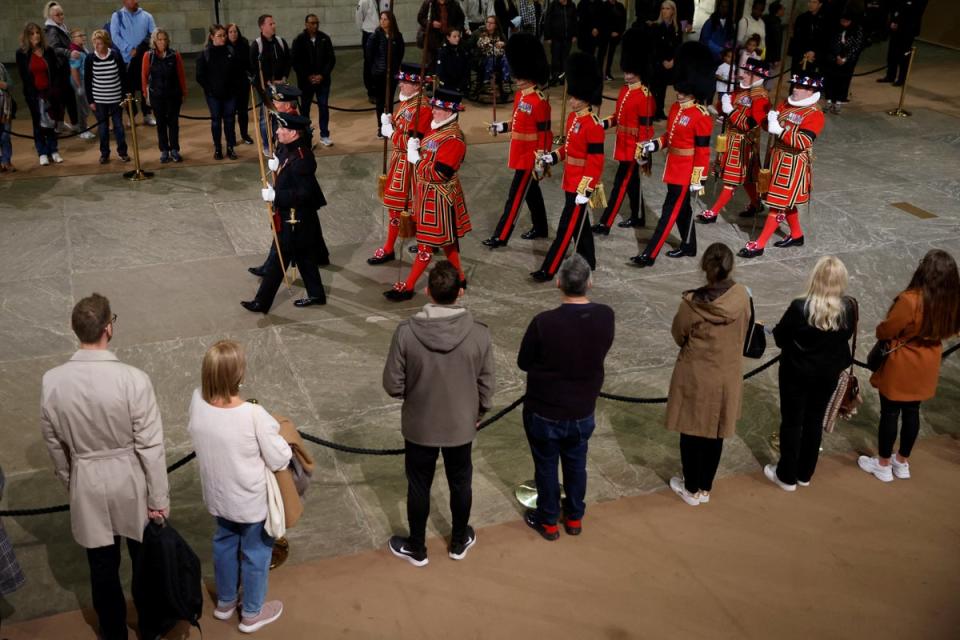 A view shows the Changing of the Guards at the coffin of Queen Elizabeth II (Getty Images)