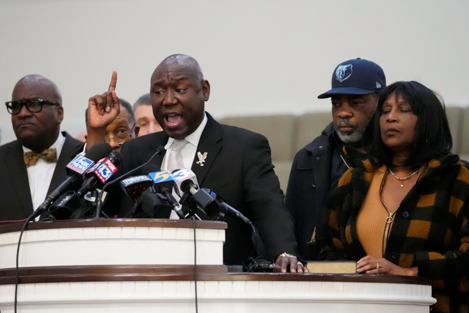 Civil rights attorney Attorney Ben Crump speaks at a news conference with RowVaughn Wells, mother of Tyre Nichols, who died after being beaten by Memphis police officers, and his stepfather Rodney Wells, in Memphis, Tenn., Friday, Jan. 27, 2023.