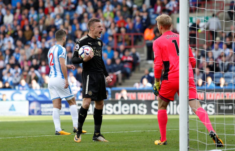 <p>Jamie Vardy celebrates scoring their first goal from the penalty spot Action Images via Reuters/Ed Sykes </p>