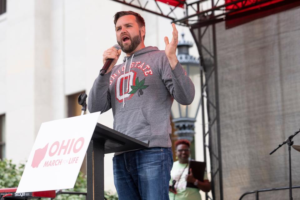 Oct 6, 2023; Columbus, Ohio, US; US Senator JD Vance, R-Ohio, speaks during a gathering on the Ohio Statehouse lawn before the second annual Ohio March for Life on High Street.