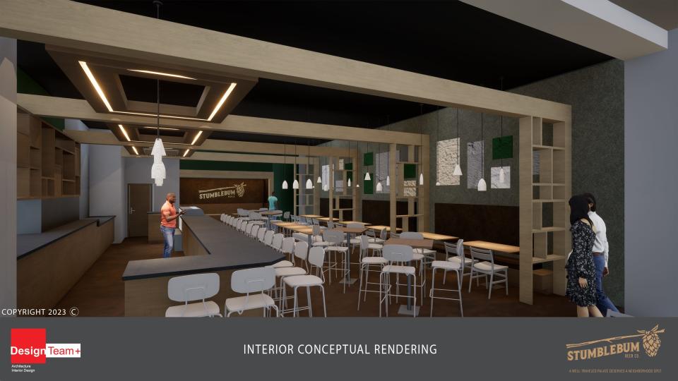 A conceptual rendering of the interior of Stumblebum Beer Co.