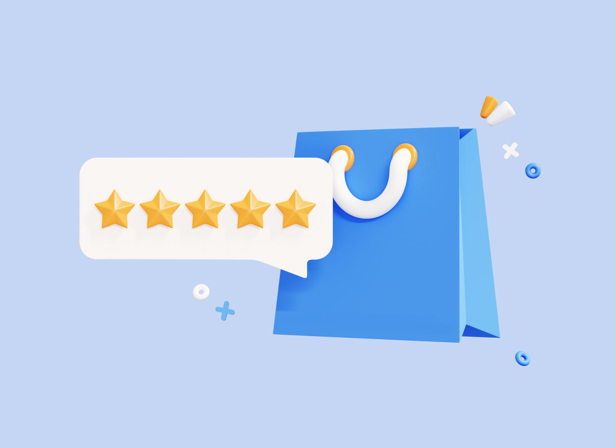 3D Shopping bag with five star rating for products. Good seller review. Customer rating feedback concept. Best grocery store and supermarket. Cartoon icon isolated on blue background. 3D Rendering