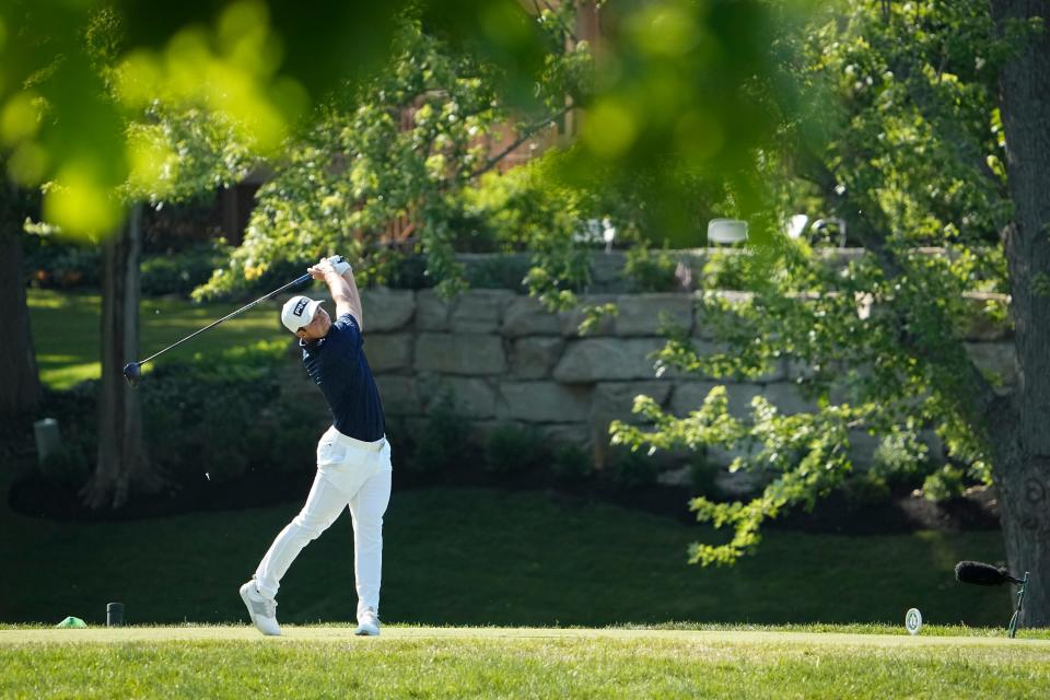 June 4, 2023; Dublin, Ohio, USA;  Viktor Hovland tees off on 18 during the final round of the Memorial Tournament at Muirfield Village Golf Club. 