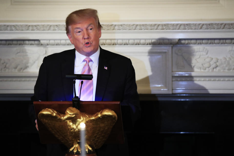 President Donald Trump speaks during a National Day of Prayer dinner gathering in the State Dining Room of the White House in Washington, Wednesday, May 1, 2019. (AP Photo/Manuel Balce Ceneta)