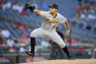 Pittsburgh Pirates starting pitcher Tyler Anderson delivers a pitch during the first inning of a baseball game against the Washington Nationals, Tuesday, June 15, 2021, in Washington. (AP Photo/Nick Wass)