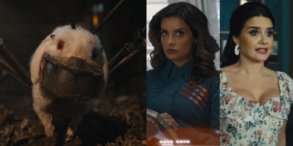 Mikaela Hoover as Floor in "GotG: Vol. 3" (left), Nova Prime's assistant (center), and Camila (right).