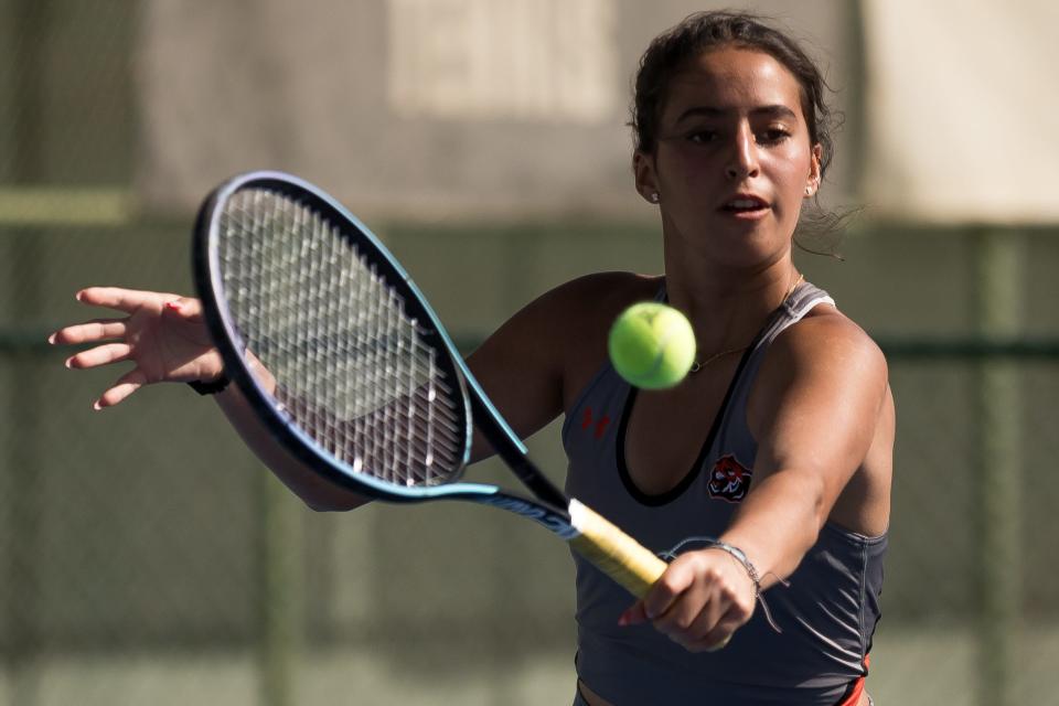 El Paso High's Daniela Ocaranza competes at the District 1-5A Tennis Championships on Tuesday, April 4, 2023, at the El Paso Tennis & Swim Club.