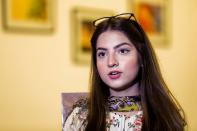 Dananeer Mobeen, a social media influencer who has become famous after her five-second video went viral, speaks during an interview with Reuters, in Karachi, Pakistan