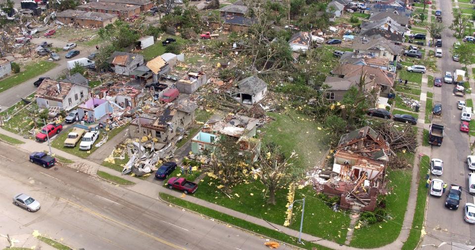 Houses in the Old North Dayton neighborhood along Troy Street where a tornado ripped through industrial buildings across the street and then the neighborhood on Monday night.  WHIO File