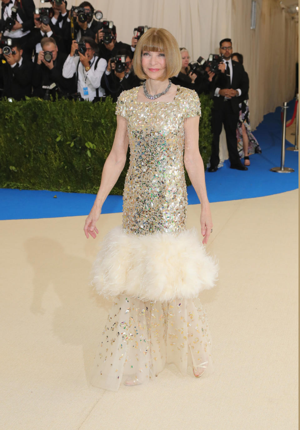 <p><em>Vogue’s</em> Anna Wintour arrived at the 2017 Met Gala wearing a custom Chanel dress by Karl Lagerfeld. The sequined gown was inspired by the label’s spring 2017 Haute Couture collection, according to <a rel="nofollow noopener" href="http://www.vogue.com/article/met-gala-2017-live-blog-fashion-celebrity-arrivals?mbid=social_twitter" target="_blank" data-ylk="slk:Vogue Runway;elm:context_link;itc:0;sec:content-canvas" class="link ">Vogue Runway</a>. (Photo by Neilson Barnard/Getty Images) </p>