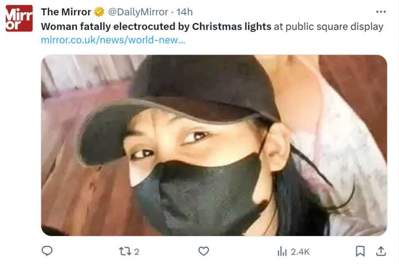 28歲女子帶著5歲姪子欣賞聖誕燈飾時，不小心掉進聖誕燈飾中慘遭強烈電擊，被救出時身上還冒出濃煙。（圖／翻攝自推特）