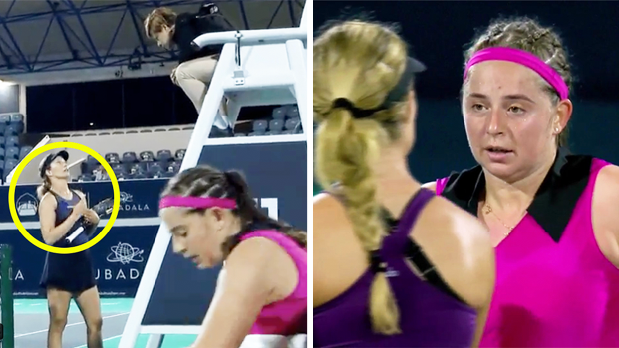 American Danielle Collins (pictured far left) speaking to the chair umpire and (pictured right) Jelena Ostapenko shaking hands.