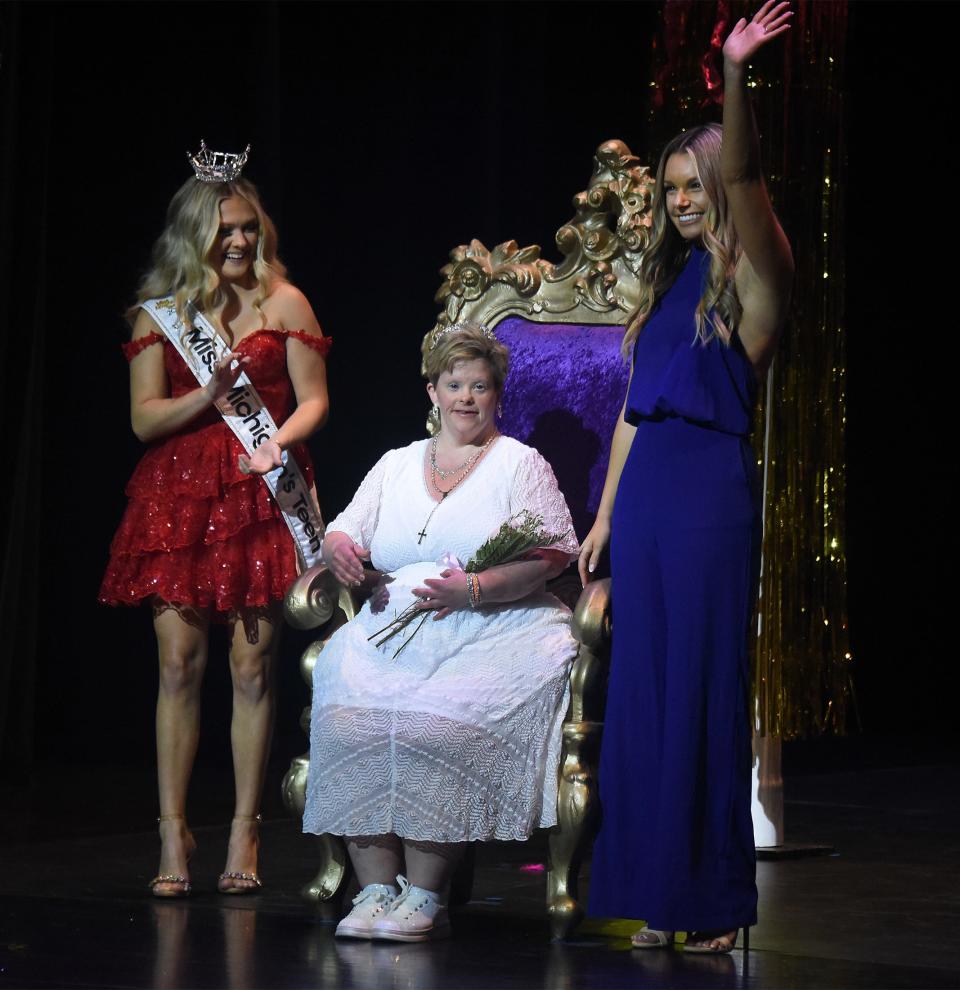Honorary Junior Miss Monroe County Princess Leslie Larkins was proud to wear the crown last August, above with Miss Michigan Teen 2023 Kylie D'Andrea and Miss Monroe County Forever 2016 Alexis Newcomer at the Meyer Theater La-Z-Boy Center at MCCC.