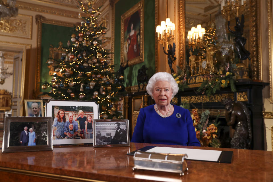 <p>Queen Elizabeth II recording her annual Christmas broadcast in Windsor Castle, Berkshire, in December 2020, when COVID restrictions meant family numbers were limited. (PA)</p> 