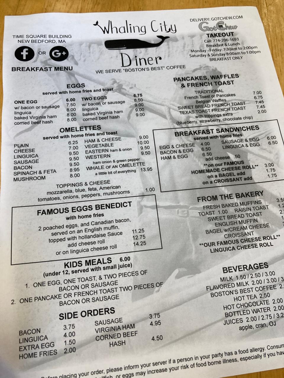 The Whaling City Diner menu serves up breakfast and lunch.