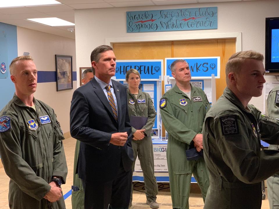 Sen. Martin Heinrich at Holloman Air Force Base in 2019. Heinrich discussed, during the visit, a proposal to create a permanent establishment of the F-16 fighter squadron at the base in Otero County, New Mexico.