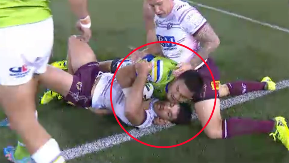 Replays showed Leilua’s arm came into contact with the sideline. Pic: Fox Sports